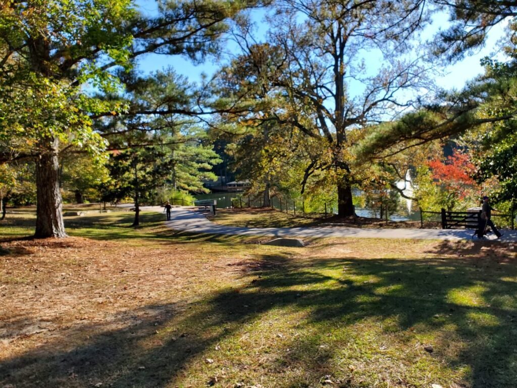 A wooded park with a paved path, open grass and water in the distance
