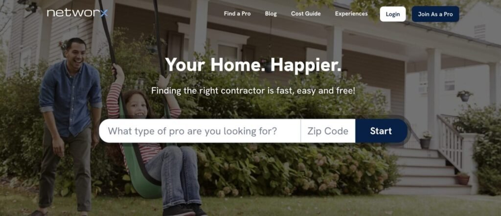 Networx homepage showing contractor search tool with “Find a Pro” form and zip code entry for home services quotes.