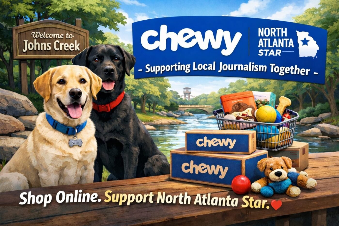 Two Labrador retrievers in Johns Creek with Chewy pet supplies and message Support North Atlanta Star