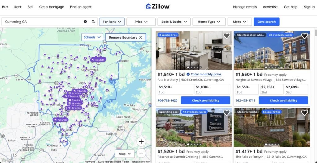 Photo of Zillow rental map showing homes and apartments in Cumming, Georgia priced up to $2,000 per month