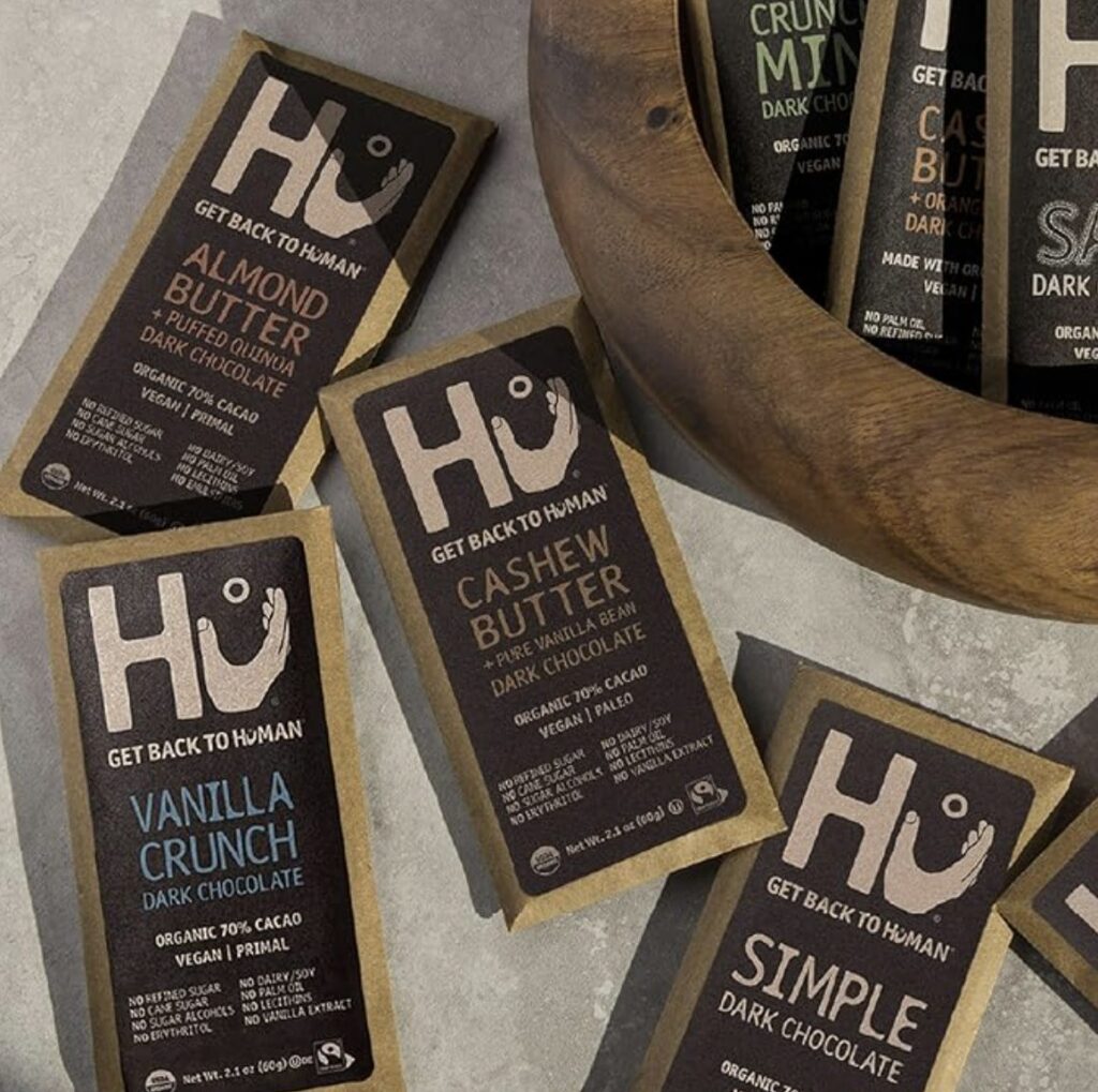 Photo of assorted organic dark chocolate bars from Hu Kitchen displayed at Whole Foods Market in Duluth, Georgia
