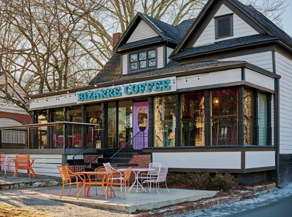 Bizarre Coffee café exterior in downtown Roswell, Georgia, with colorful outdoor seating and the shop’s teal sign above the front windows.