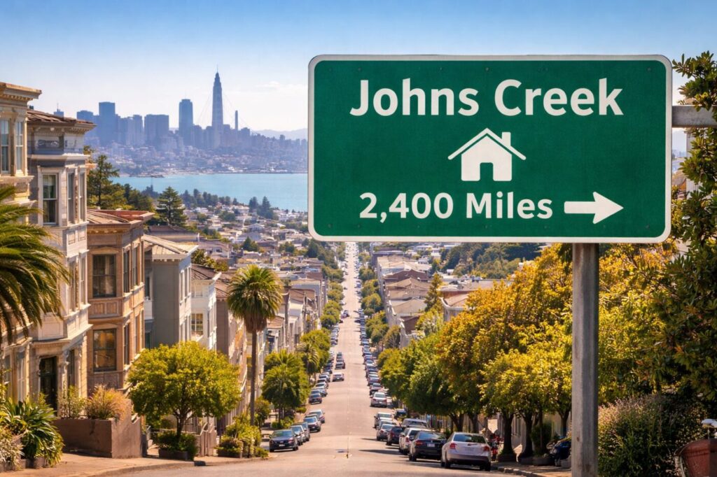 Green highway-style sign reading “Johns Creek – 2,400 Miles” overlooking a steep residential street in San Francisco with the skyline and bay in the background.