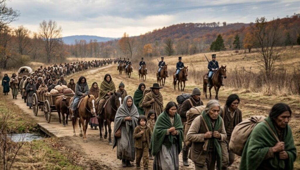 Cherokee families forced west during the 1838 Trail of Tears, escorted by U.S. soldiers from North Georgia after removal from ancestral lands.