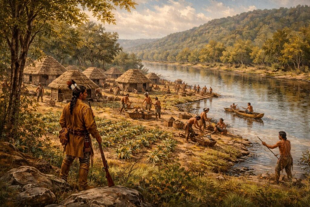 Cherokee village along the Chattahoochee River in North Georgia before modern North Atlanta suburbs, showing homes, fishing, farming, and daily life in a riverside settlement.