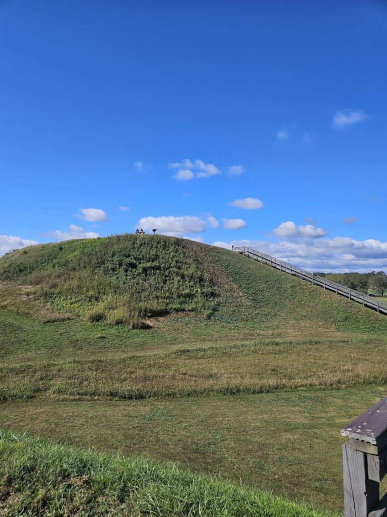 Large ceremonial mound at Etowah Indian Mounds State Historic Site built by the Mississippian culture in prehistoric North Georgia.