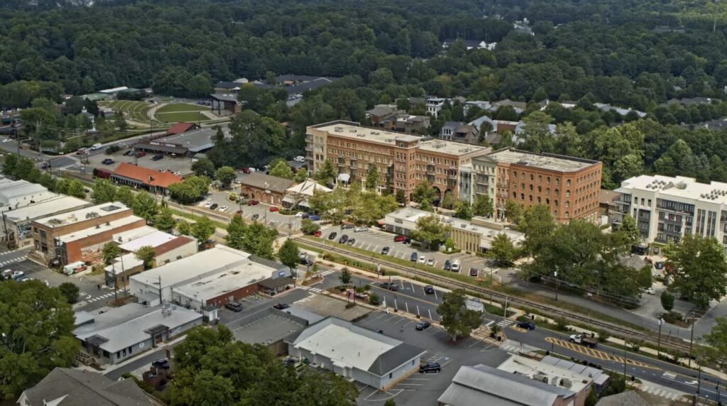 Downtown Woodstock, Georgia aerial view showing the amphitheater and mixed-use development