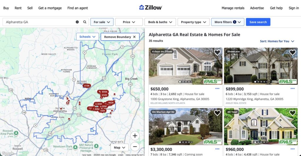 Page in Zillow of alpharretta homes in winward neighborhood