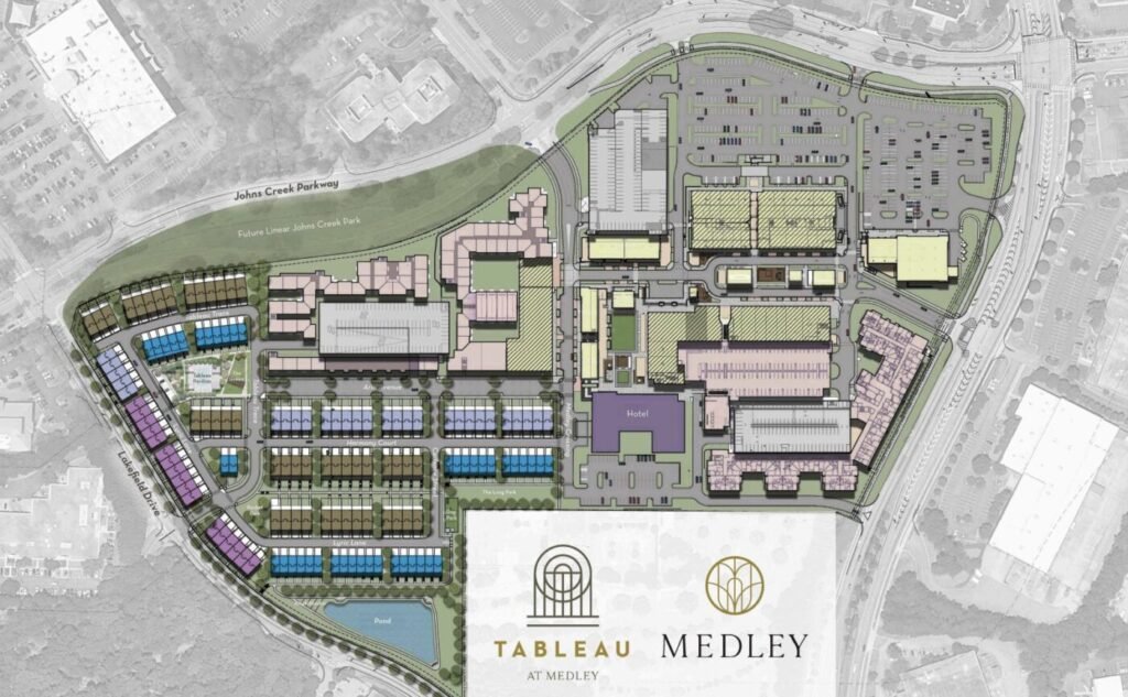 Rendering of Medley’s walkable mixed-use district with apartments, retail, restaurants, and public gathering spaces in Johns Creek.