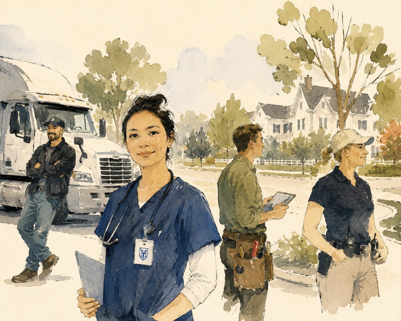 Healthcare worker holding a clipboard in front of a truck, with a technician and another worker nearby in a suburban street scene.