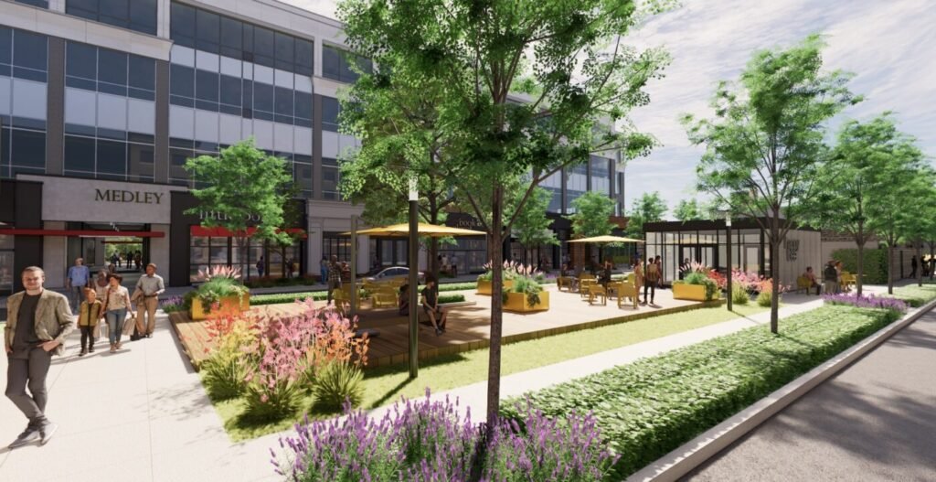 Rendering of outdoor seating, landscaped gathering areas and pedestrian walkways at Medley in Johns Creek