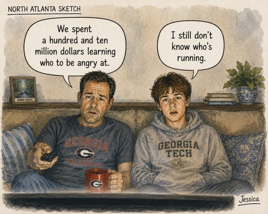 Two suburban North Atlanta residents sit side by side on a living room couch watching political ads during Georgia’s 2026 governor’s race. The father, wearing a Georgia Bulldogs shirt and holding a remote and coffee mug, looks exhausted as he says, “We spent a hundred and ten million dollars learning who to be angry at.” Beside him, a teenager in a Georgia Tech hoodie stares blankly at the unseen television and replies, “I still don’t know who’s running.” The watercolor-style editorial cartoon is titled “North Atlanta Sketch” and signed “Jessica.”
