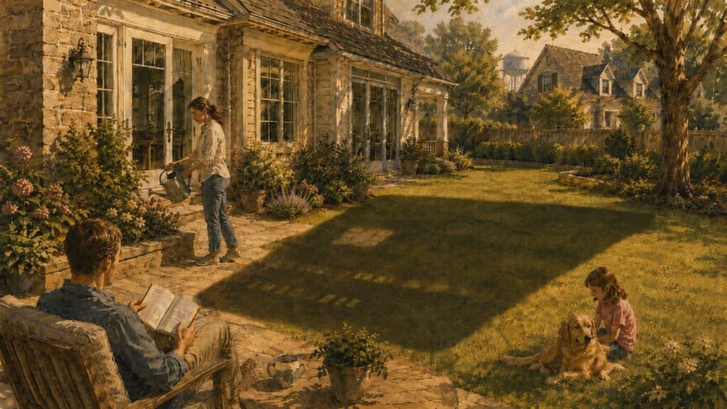 Watercolor illustration of a North Atlanta suburban backyard where a family enjoys a quiet afternoon while the shadow of a giant credit card stretches across the lawn, symbolizing rising household debt and financial pressure despite outward prosperity.