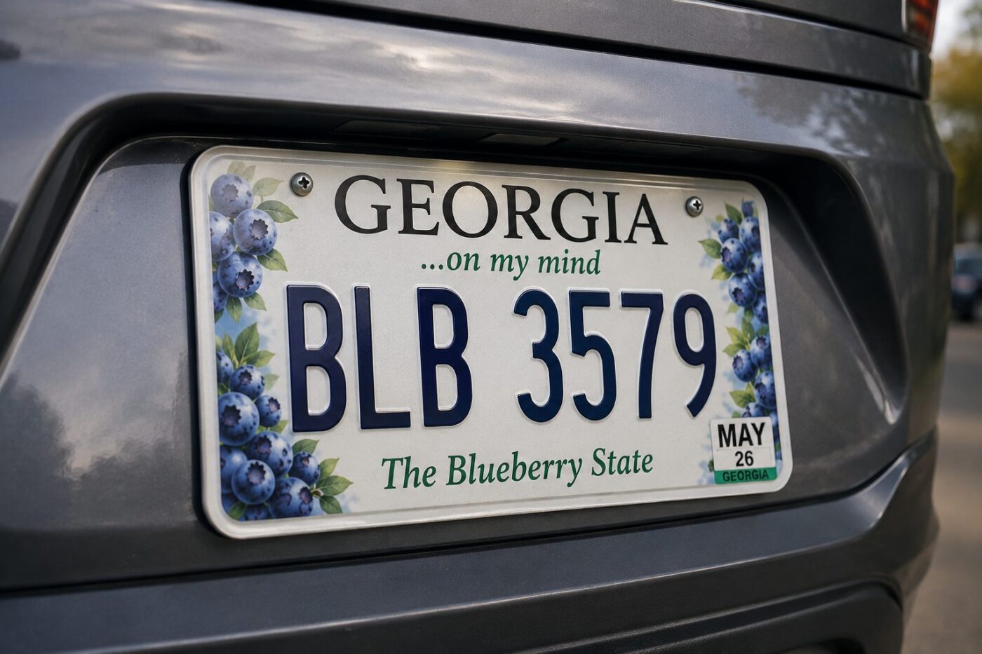Georgia license plate with blueberry graphics and the words 'The Blueberry State' mounted on a dark vehicle.