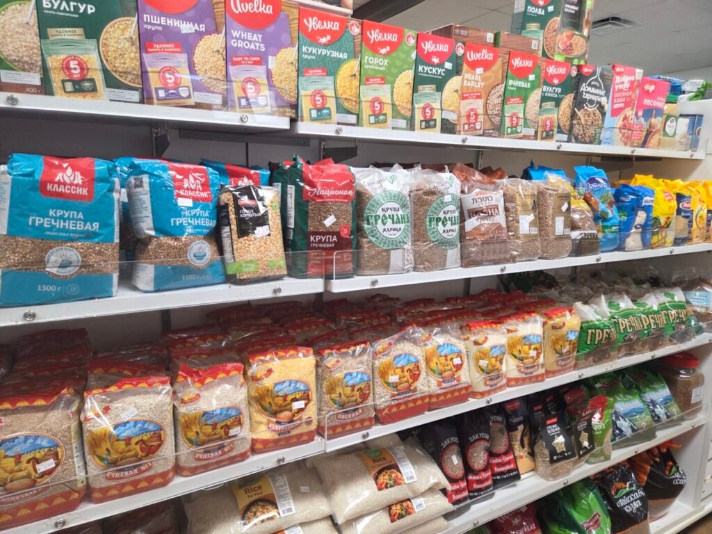 Shelves stocked with buckwheat, grains, cereals and pantry staples imported from Eastern Europe and sold at Golden Key grocery in South Forsyth.