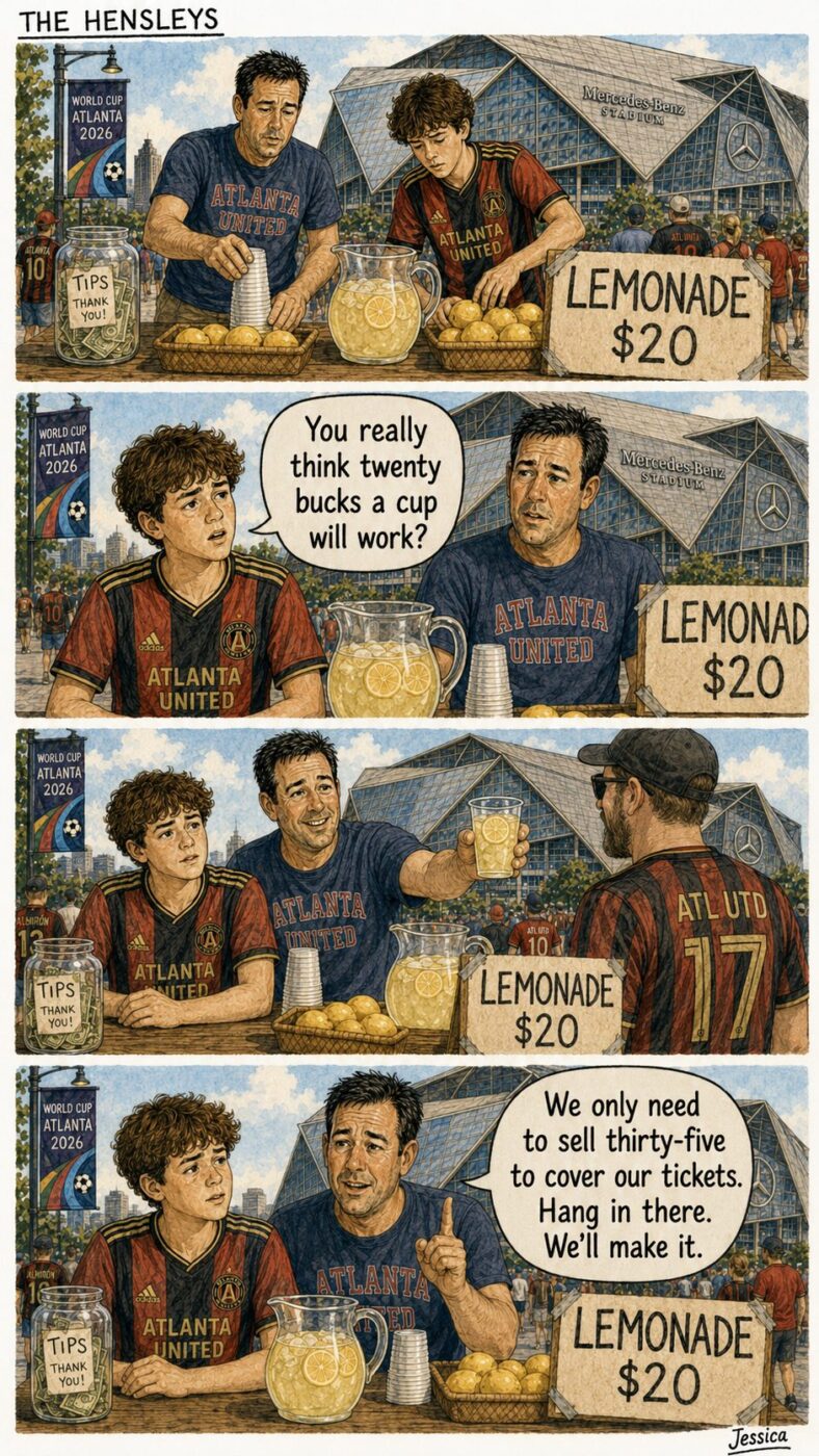 Greg and Mason Hensley run a lemonade stand outside Mercedes-Benz Stadium during a World Cup game day in Atlanta. Mason asks, “You really think twenty bucks a cup will work?” Greg replies, “We only need to sell thirty-five to cover our tickets. Hang in there. We’ll make it.” The watercolor-style editorial cartoon is signed “Jessica.”