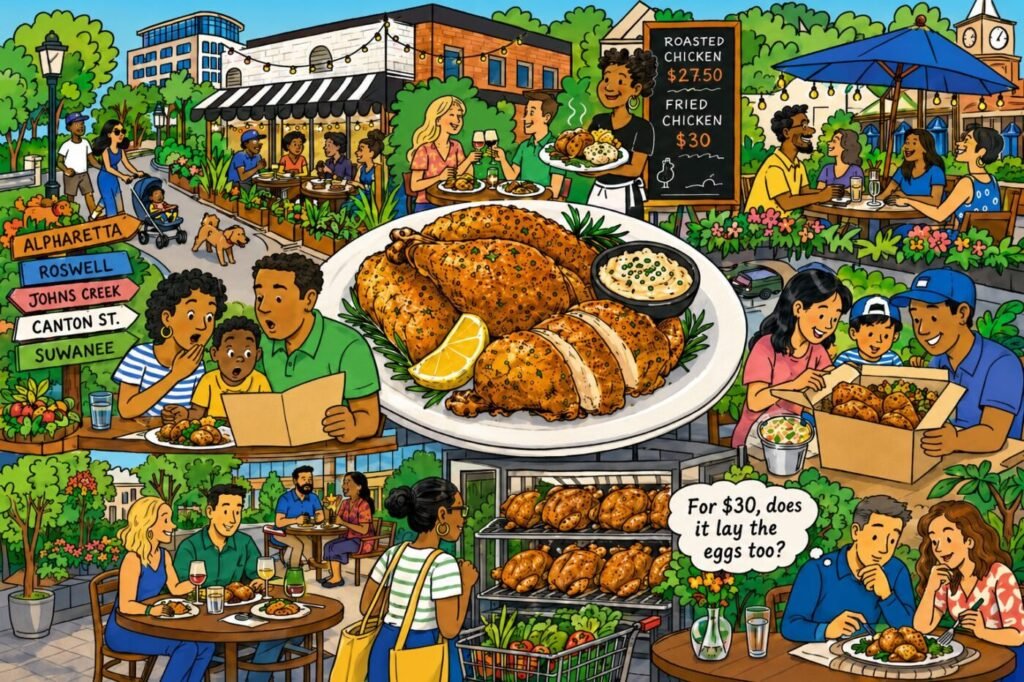 Colorful illustrated North Atlanta dining scene featuring families at outdoor restaurants, a large roasted chicken centerpiece, menu boards showing chicken prices around $28 to $30, and directional signs pointing to Alpharetta, Roswell, Johns Creek, Canton Street and Suwanee. Diners appear surprised by rising restaurant chicken prices.