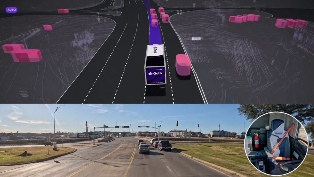 Split-screen view of an autonomous truck detecting nearby vehicles and road lanes during a delivery route.