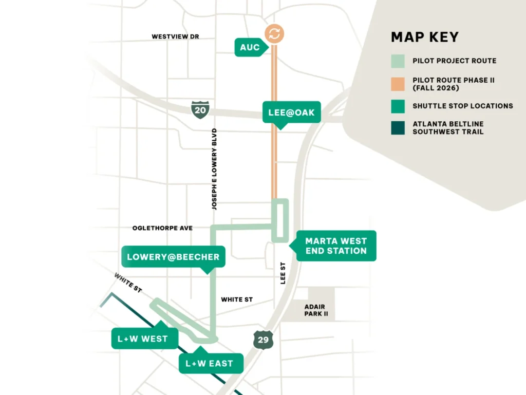Map showing the ATL Spoke autonomous shuttle route between MARTA West End Station, Lee + White, Lowery at Beecher and the future AUC extension.