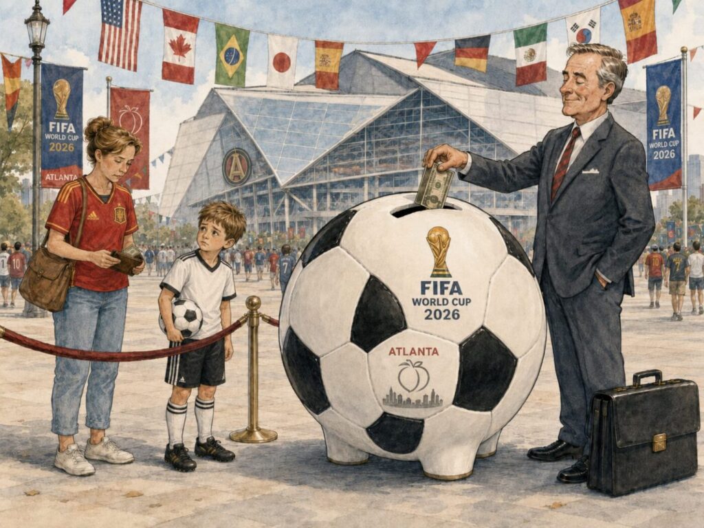 Editorial illustration of a mother and young soccer fan outside an Atlanta stadium, separated by a rope barrier as a suited official drops money into a giant World Cup soccer-ball piggy bank.