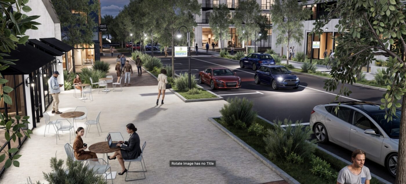 A rendering shows the kind of mixed-use streetscape Milton wants to encourage in Deerfield. Rendering of a mixed-use streetscape with outdoor seating, parked cars and buildings along a landscaped road.