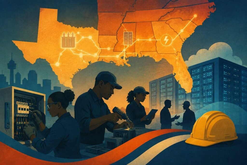 Illustration of workers assembling electrical equipment beneath a map of the Sun Belt, with data-center buildings and power icons in the background.