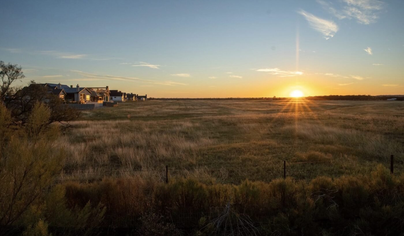 Sunset over open grassland with a row of homes at the edge of the field