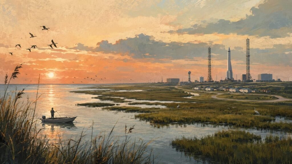 A marsh at sunset with birds flying overhead, a small boat on the water and a rocket complex in the distance
