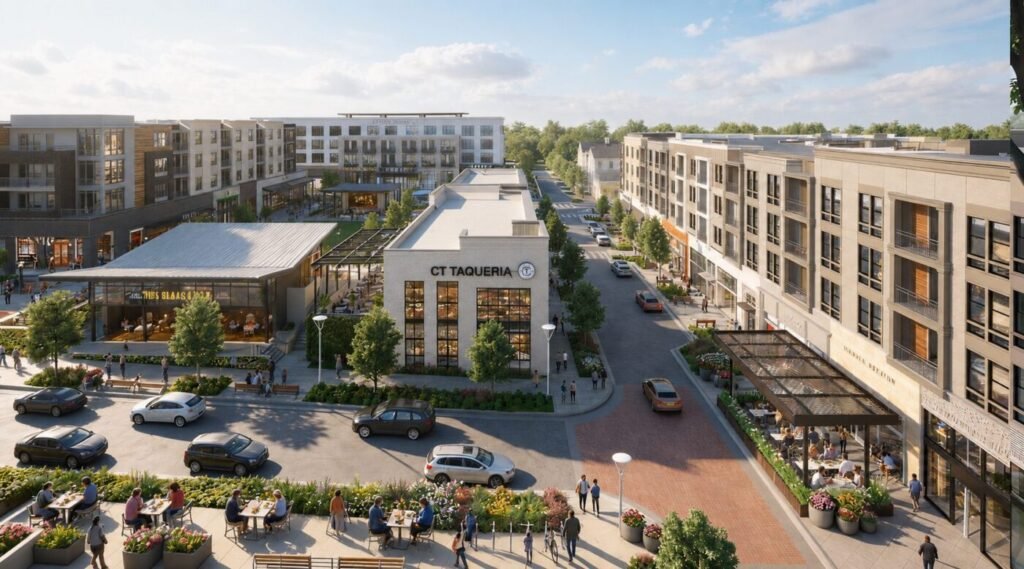 Pedestrian-friendly street lined with apartments, storefronts, outdoor dining areas and cars in a mixed-use district rendering
