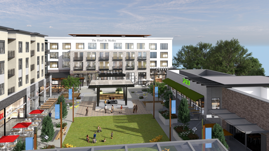 Central lawn and plaza surrounded by restaurants, apartments and a hotel building in a mixed-use development rendering