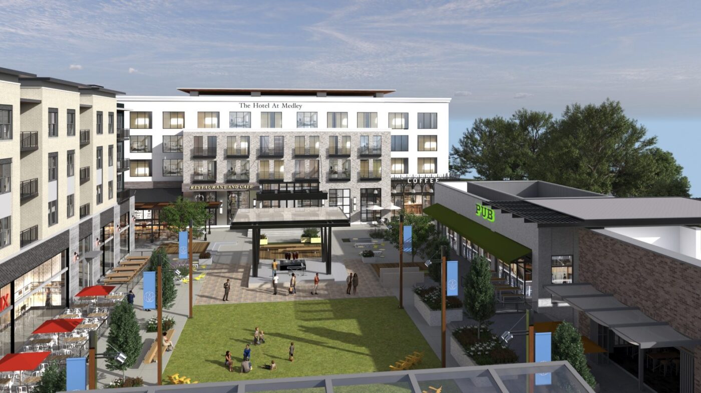 Rendering of a central plaza with lawns, seating, storefronts and a hotel building at Medley