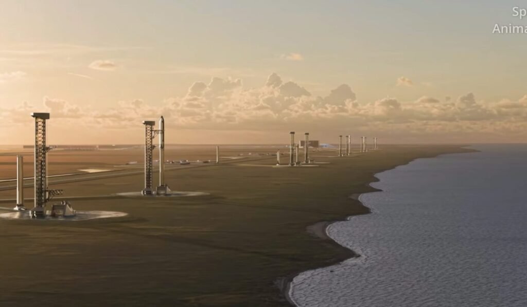 A rendered spaceport stretches along a coastal shoreline beside open water