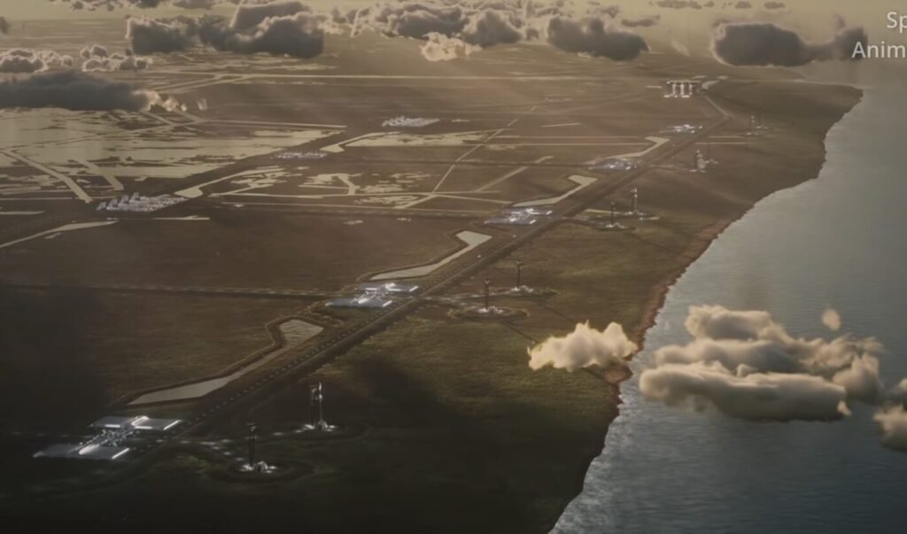An aerial rendering shows a large coastal complex with roads, buildings and launch facilities