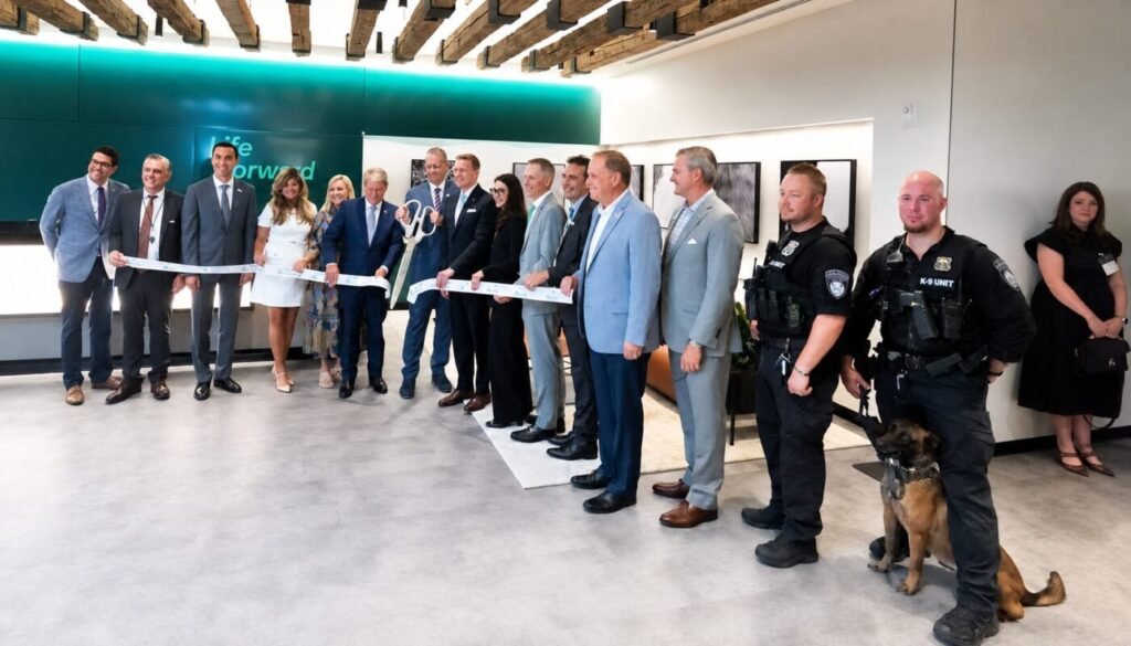 A long line of officials holds ribbon-cutting scissors inside a bright office lobby