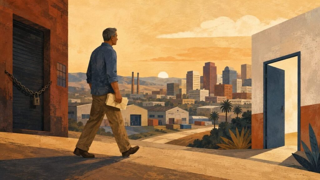 A man walks past a chained door toward a city skyline at sunset.