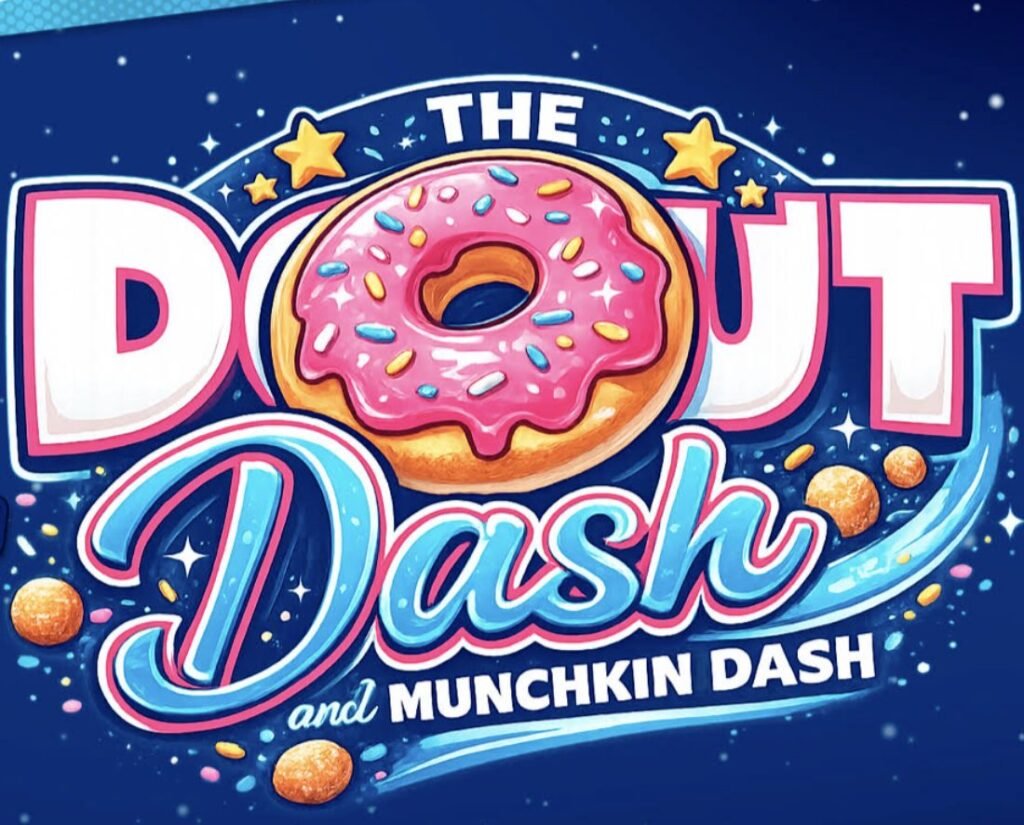 Bright graphic with a pink frosted doughnut and the words The Donut Dash and Munchkin Dash.