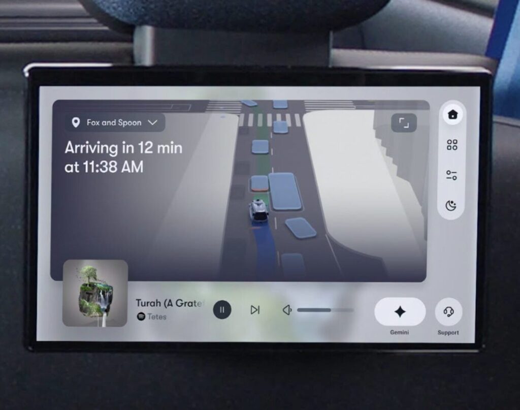 Passenger screen inside a Waymo vehicle showing route guidance and media controls.