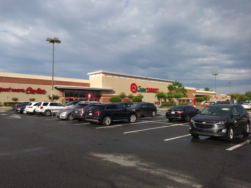 Target store exterior and parking lot under cloudy skies