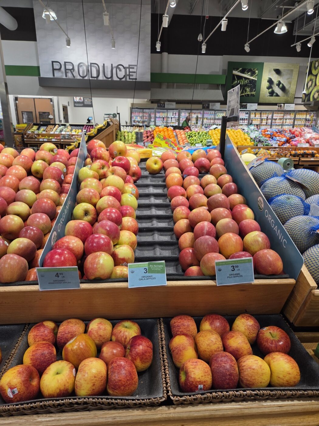 Produce display with rows of apples and price signs in a grocery store