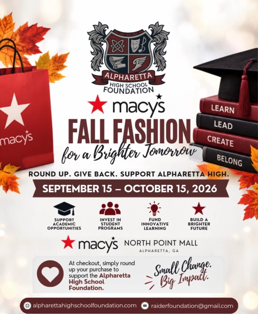 Promotional poster for Alpharetta High School Foundation and Macy's North Point Mall featuring fall leaves, a Macy's shopping bag, stacked books and graduation cap, and roundup donation details.