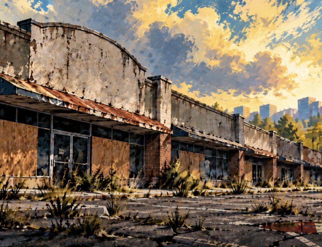 Vacant, boarded-up storefronts in a deteriorating strip mall with weeds growing through cracked pavement.