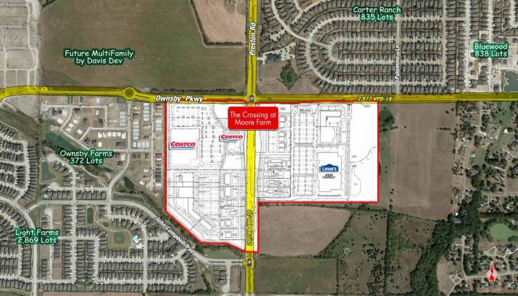 A site plan map outlines a proposed Costco and Lowe's development beside major roads and nearby residential neighborhoods.