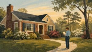 A person stands on a curved walkway outside a suburban brick house while holding a clipboard.