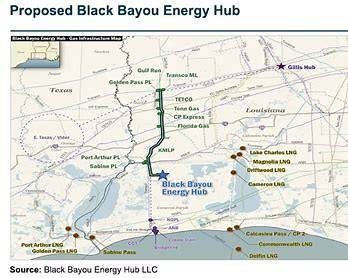Map of the proposed Black Bayou Energy Hub and nearby Gulf Coast energy sites