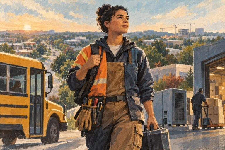 A worker in overalls and a hard hat stands near a school bus and construction site at sunset.
