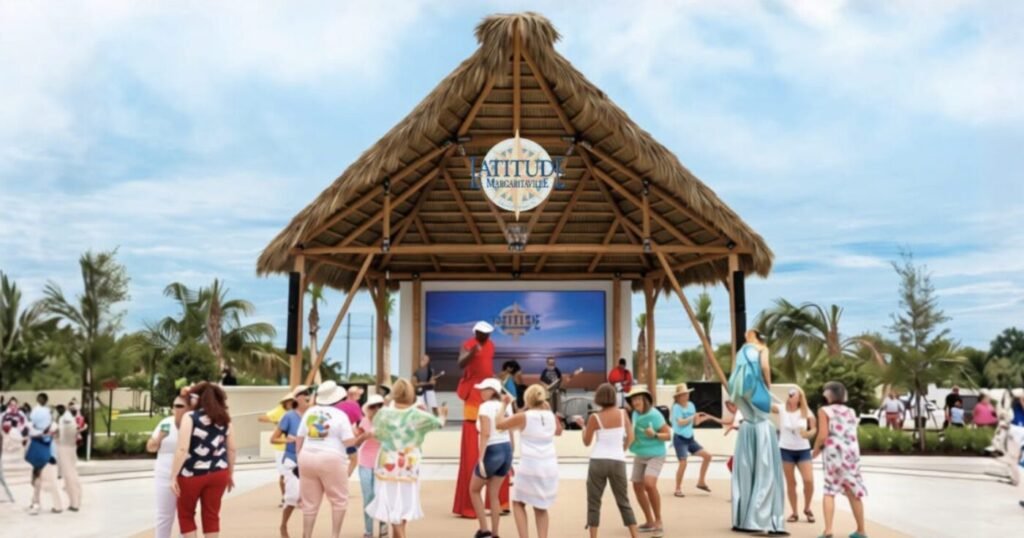 People gather in front of a thatched-roof stage with a Latitude Margaritaville sign.
