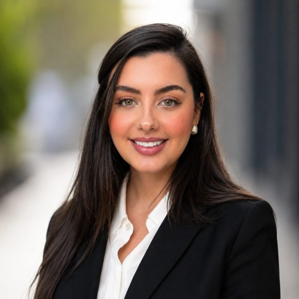 Woman with long dark hair wearing a black blazer and white blouse, smiling at the camera.