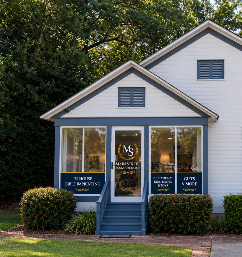 Small white storefront with blue trim and a sign reading Main Street Bookstore & Gifts