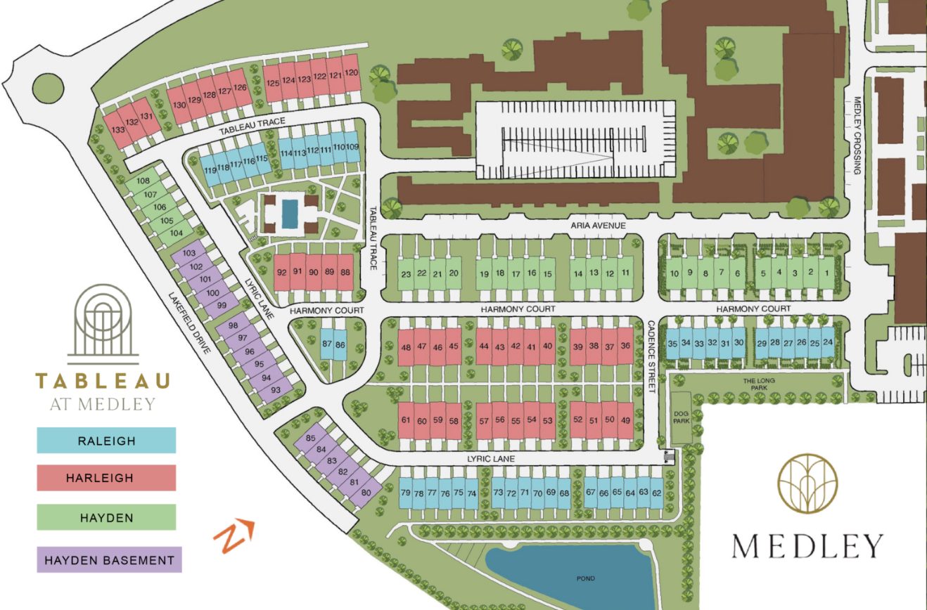 Color-coded site plan of Tableau at Medley with numbered homes, streets, a pond and the Medley logo