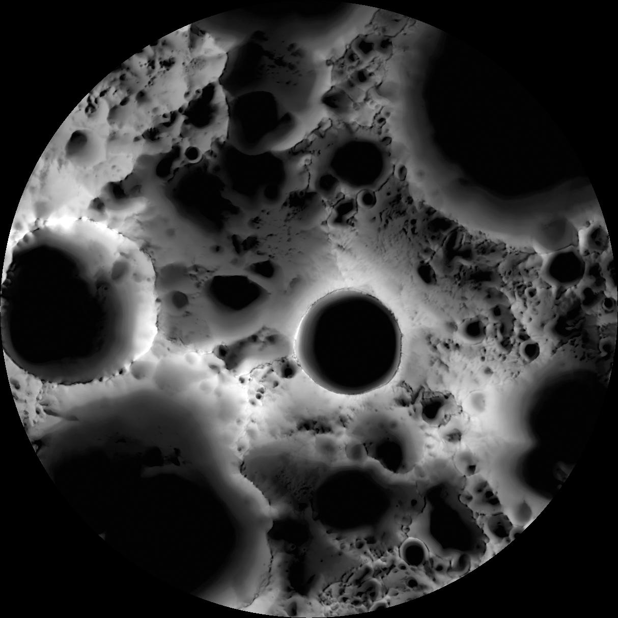 Black-and-white lunar surface map with large dark craters and bright ridges inside a circular frame.